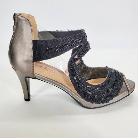 Midnight Velvet‎ Womens Sandals Metallic Embellished Peep Toe Slim Heels Zip 9 M - Picture 1 of 11